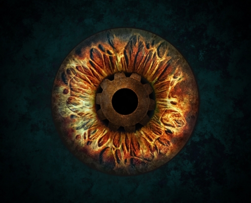 An eye with a cog inside the pupil, against a green grungy background